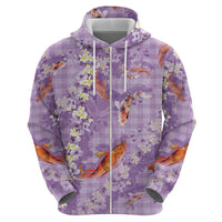 Purple Palaka Hawaiian And Japanese Zip Hoodie Sakura Lei With Koi Fish DT05 - Polynesian Pride