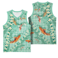 Green Palaka Hawaiian And Japanese Basketball Jersey Sakura Lei With Koi Fish DT05 - Polynesian Pride