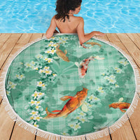 Green Palaka Hawaiian And Japanese Beach Blanket Sakura Lei With Koi Fish - Polynesian Pride