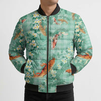 Green Palaka Hawaiian And Japanese Bomber Puffer Jacket Sakura Lei With Koi Fish DT05 - Polynesian Pride