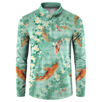 Green Palaka Hawaiian And Japanese Button Sweatshirt Sakura Lei With Koi Fish DT05 Green - Polynesian Pride