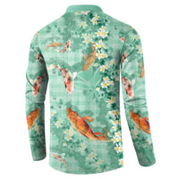 Green Palaka Hawaiian And Japanese Button Sweatshirt Sakura Lei With Koi Fish DT05 - Polynesian Pride