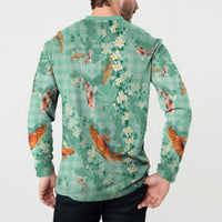 Green Palaka Hawaiian And Japanese Button Sweatshirt Sakura Lei With Koi Fish DT05 - Polynesian Pride