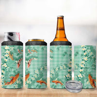 Green Palaka Hawaiian And Japanese 4 in 1 Can Cooler Tumbler Sakura Lei With Koi Fish - Polynesian Pride