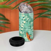 Green Palaka Hawaiian And Japanese 4 in 1 Can Cooler Tumbler Sakura Lei With Koi Fish - Polynesian Pride