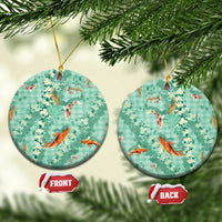 Green Palaka Hawaiian And Japanese Ceramic Ornament Sakura Lei With Koi Fish - Polynesian Pride