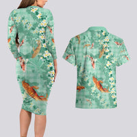 Green Palaka Hawaiian And Japanese Couples Matching Long Sleeve Bodycon Dress and Hawaiian Shirt Sakura Lei With Koi Fish - Polynesian Pride