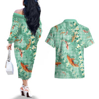 Green Palaka Hawaiian And Japanese Couples Matching Off The Shoulder Long Sleeve Dress and Hawaiian Shirt Sakura Lei With Koi Fish - Polynesian Pride