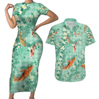 Green Palaka Hawaiian And Japanese Couples Matching Short Sleeve Bodycon Dress and Hawaiian Shirt Sakura Lei With Koi Fish - Polynesian Pride