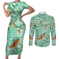 Green Palaka Hawaiian And Japanese Couples Matching Short Sleeve Bodycon Dress and Long Sleeve Button Shirt Sakura Lei With Koi Fish - Polynesian Pride