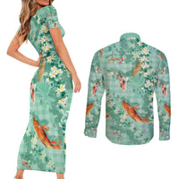 Green Palaka Hawaiian And Japanese Couples Matching Short Sleeve Bodycon Dress and Long Sleeve Button Shirt Sakura Lei With Koi Fish - Polynesian Pride