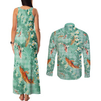 Green Palaka Hawaiian And Japanese Couples Matching Tank Maxi Dress and Long Sleeve Button Shirt Sakura Lei With Koi Fish - Polynesian Pride