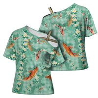 Green Palaka Hawaiian And Japanese Cross Shoulder Shirt Sakura Lei With Koi Fish DT05 - Polynesian Pride