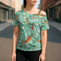 Green Palaka Hawaiian And Japanese Cross Shoulder Shirt Sakura Lei With Koi Fish DT05 - Polynesian Pride