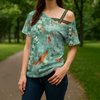 Green Palaka Hawaiian And Japanese Cross Shoulder Shirt Sakura Lei With Koi Fish DT05 - Polynesian Pride