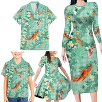 Green Palaka Hawaiian And Japanese Family Matching Long Sleeve Bodycon Dress and Hawaiian Shirt Sakura Lei With Koi Fish - Polynesian Pride
