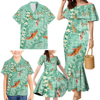 Green Palaka Hawaiian And Japanese Family Matching Mermaid Dress and Hawaiian Shirt Sakura Lei With Koi Fish - Polynesian Pride