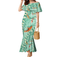 Green Palaka Hawaiian And Japanese Family Matching Mermaid Dress and Hawaiian Shirt Sakura Lei With Koi Fish - Polynesian Pride