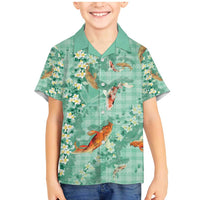 Green Palaka Hawaiian And Japanese Family Matching Mermaid Dress and Hawaiian Shirt Sakura Lei With Koi Fish - Polynesian Pride
