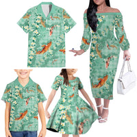 Green Palaka Hawaiian And Japanese Family Matching Off The Shoulder Long Sleeve Dress and Hawaiian Shirt Sakura Lei With Koi Fish - Polynesian Pride