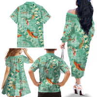 Green Palaka Hawaiian And Japanese Family Matching Off The Shoulder Long Sleeve Dress and Hawaiian Shirt Sakura Lei With Koi Fish - Polynesian Pride