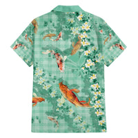 Green Palaka Hawaiian And Japanese Family Matching Off The Shoulder Long Sleeve Dress and Hawaiian Shirt Sakura Lei With Koi Fish - Polynesian Pride