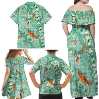 Green Palaka Hawaiian And Japanese Family Matching Off Shoulder Maxi Dress and Hawaiian Shirt Sakura Lei With Koi Fish - Polynesian Pride