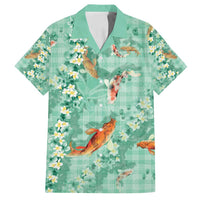 Green Palaka Hawaiian And Japanese Family Matching Off Shoulder Maxi Dress and Hawaiian Shirt Sakura Lei With Koi Fish - Polynesian Pride