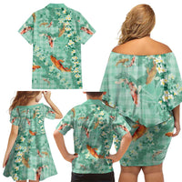 Green Palaka Hawaiian And Japanese Family Matching Off Shoulder Short Dress and Hawaiian Shirt Sakura Lei With Koi Fish - Polynesian Pride