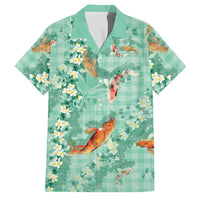 Green Palaka Hawaiian And Japanese Family Matching Off Shoulder Short Dress and Hawaiian Shirt Sakura Lei With Koi Fish - Polynesian Pride