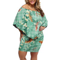 Green Palaka Hawaiian And Japanese Family Matching Off Shoulder Short Dress and Hawaiian Shirt Sakura Lei With Koi Fish - Polynesian Pride