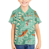 Green Palaka Hawaiian And Japanese Family Matching Off Shoulder Short Dress and Hawaiian Shirt Sakura Lei With Koi Fish - Polynesian Pride