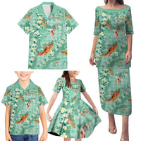 Green Palaka Hawaiian And Japanese Family Matching Puletasi and Hawaiian Shirt Sakura Lei With Koi Fish - Polynesian Pride