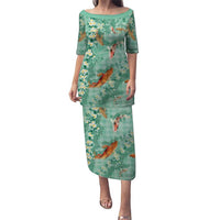 Green Palaka Hawaiian And Japanese Family Matching Puletasi and Hawaiian Shirt Sakura Lei With Koi Fish - Polynesian Pride