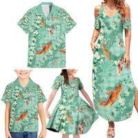 Green Palaka Hawaiian And Japanese Family Matching Summer Maxi Dress and Hawaiian Shirt Sakura Lei With Koi Fish - Polynesian Pride