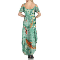 Green Palaka Hawaiian And Japanese Family Matching Summer Maxi Dress and Hawaiian Shirt Sakura Lei With Koi Fish - Polynesian Pride
