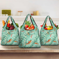 Green Palaka Hawaiian And Japanese Grocery Bag Sakura Lei With Koi Fish DT05 3-pack One Size Green - Polynesian Pride