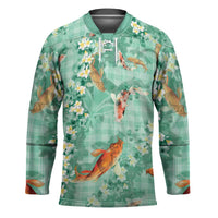 Green Palaka Hawaiian And Japanese Hockey Jersey Sakura Lei With Koi Fish DT05 Unisex Green - Polynesian Pride