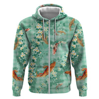Green Palaka Hawaiian And Japanese Hoodie Sakura Lei With Koi Fish - Polynesian Pride