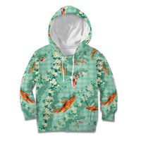 Green Palaka Hawaiian And Japanese Kid Hoodie Sakura Lei With Koi Fish - Polynesian Pride