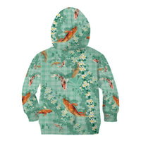 Green Palaka Hawaiian And Japanese Kid Hoodie Sakura Lei With Koi Fish - Polynesian Pride
