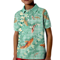 Green Palaka Hawaiian And Japanese Kid Polo Shirt Sakura Lei With Koi Fish DT05 Kid Green - Polynesian Pride
