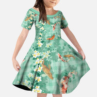 Green Palaka Hawaiian And Japanese Kid Short Sleeve Dress Sakura Lei With Koi Fish DT05 KID Green - Polynesian Pride
