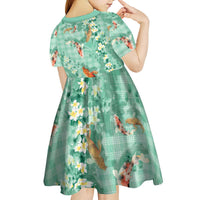 Green Palaka Hawaiian And Japanese Kid Short Sleeve Dress Sakura Lei With Koi Fish DT05 - Polynesian Pride