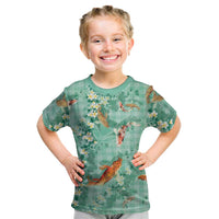 Green Palaka Hawaiian And Japanese Kid T Shirt Sakura Lei With Koi Fish DT05 Green - Polynesian Pride