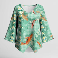 Green Palaka Hawaiian And Japanese Kimono Sleeve Blouse Sakura Lei With Koi Fish DT05 Female Green - Polynesian Pride