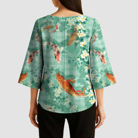 Green Palaka Hawaiian And Japanese Kimono Sleeve Blouse Sakura Lei With Koi Fish DT05 - Polynesian Pride