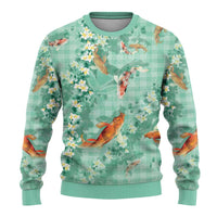 Green Palaka Hawaiian And Japanese Ugly Christmas Sweater Sakura Lei With Koi Fish - Polynesian Pride