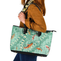 Green Palaka Hawaiian And Japanese Leather Tote Bag Sakura Lei With Koi Fish DT05 Green - Polynesian Pride