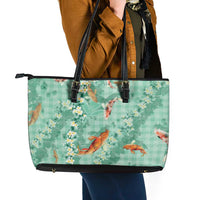 Green Palaka Hawaiian And Japanese Leather Tote Bag Sakura Lei With Koi Fish DT05 - Polynesian Pride